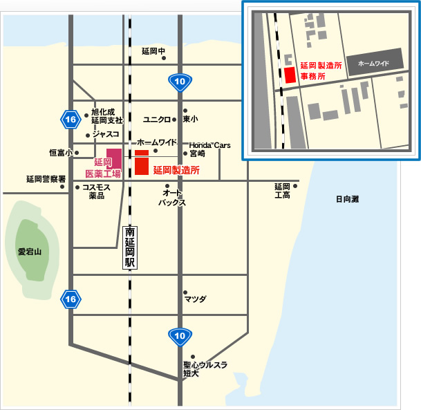 延岡製造所、延岡医薬工場へのアクセスマップ